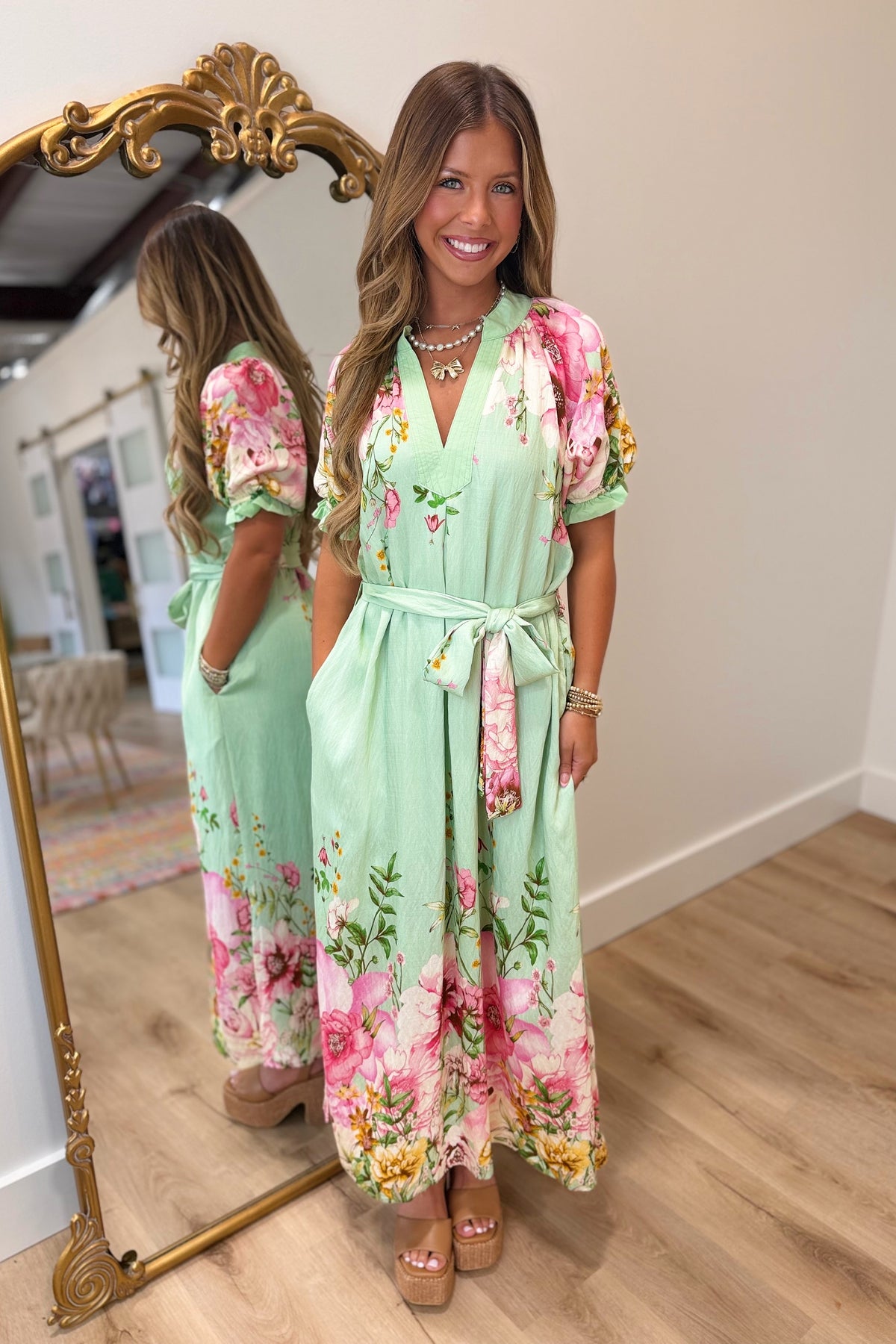 Umgee Flowerful Belted Midi Dress Sage
