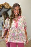 Umgee Mix Floral Puff Sleeve Top Cream