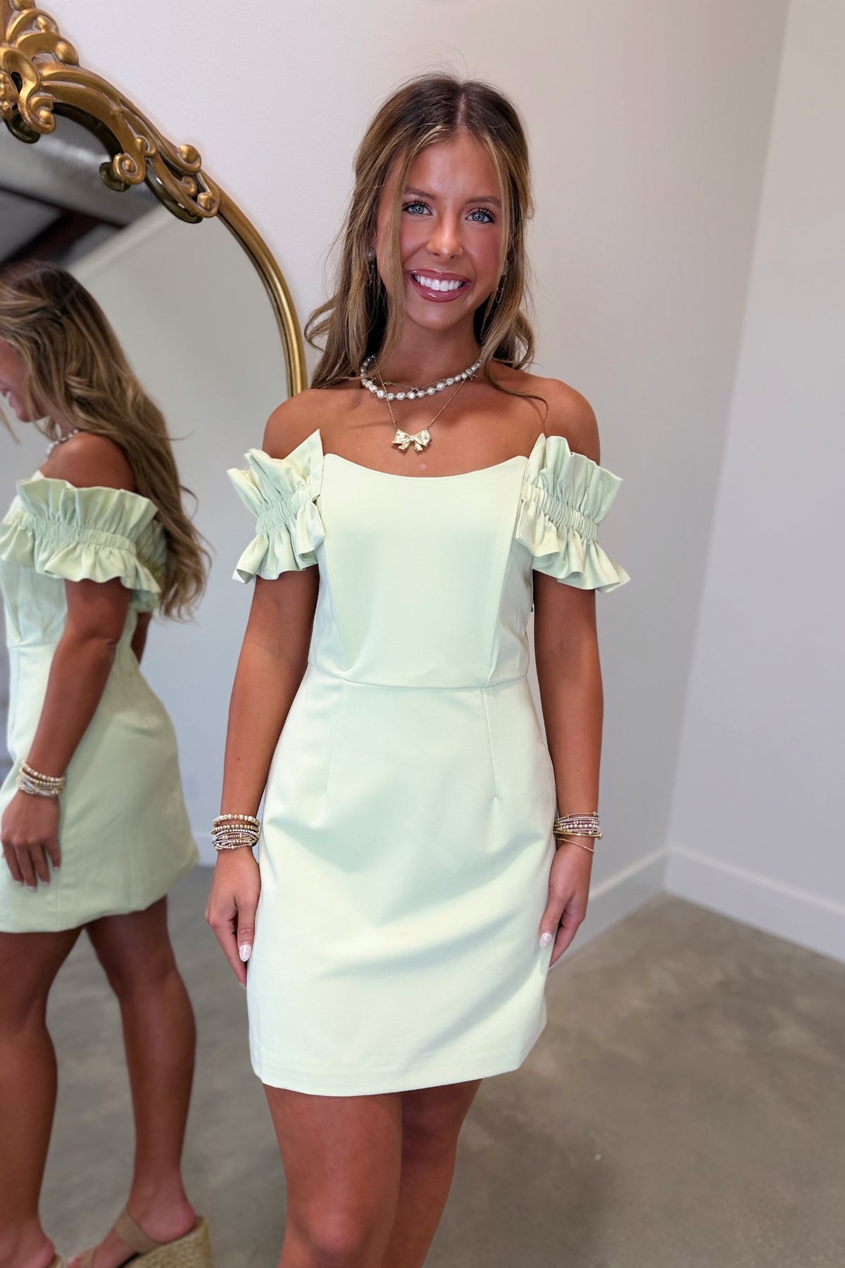 Ruffled Rhythm Off the Shoulder Dress Sage