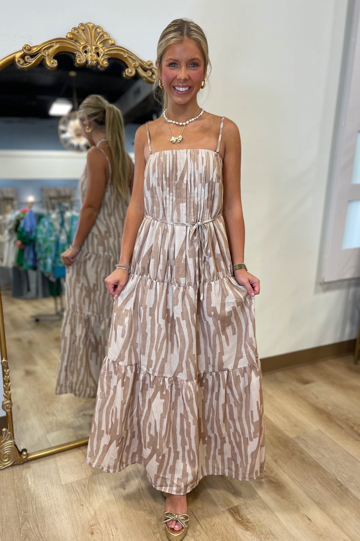 Removable Straps Pleated Maxi Dress Coffee