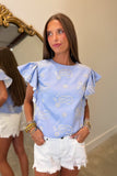 Paisley Eyelet Embroidered Flutter Sleeve Top Blue
