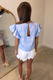 Paisley Eyelet Embroidered Flutter Sleeve Top Blue