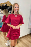 Lucky Me Ruched Dress W Puff Sleeves Crimson