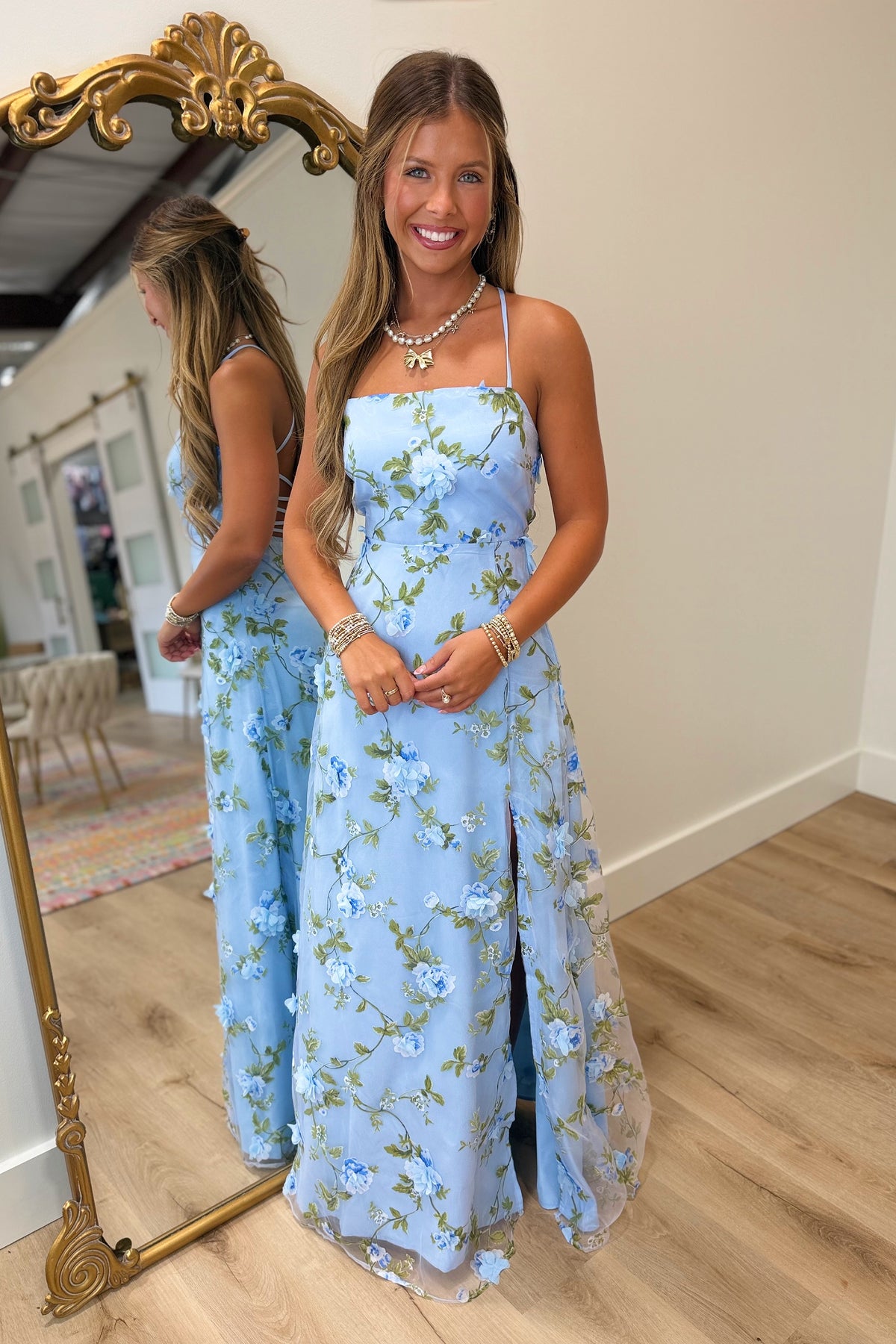 Garden Wedding Long Slit Dress Blue