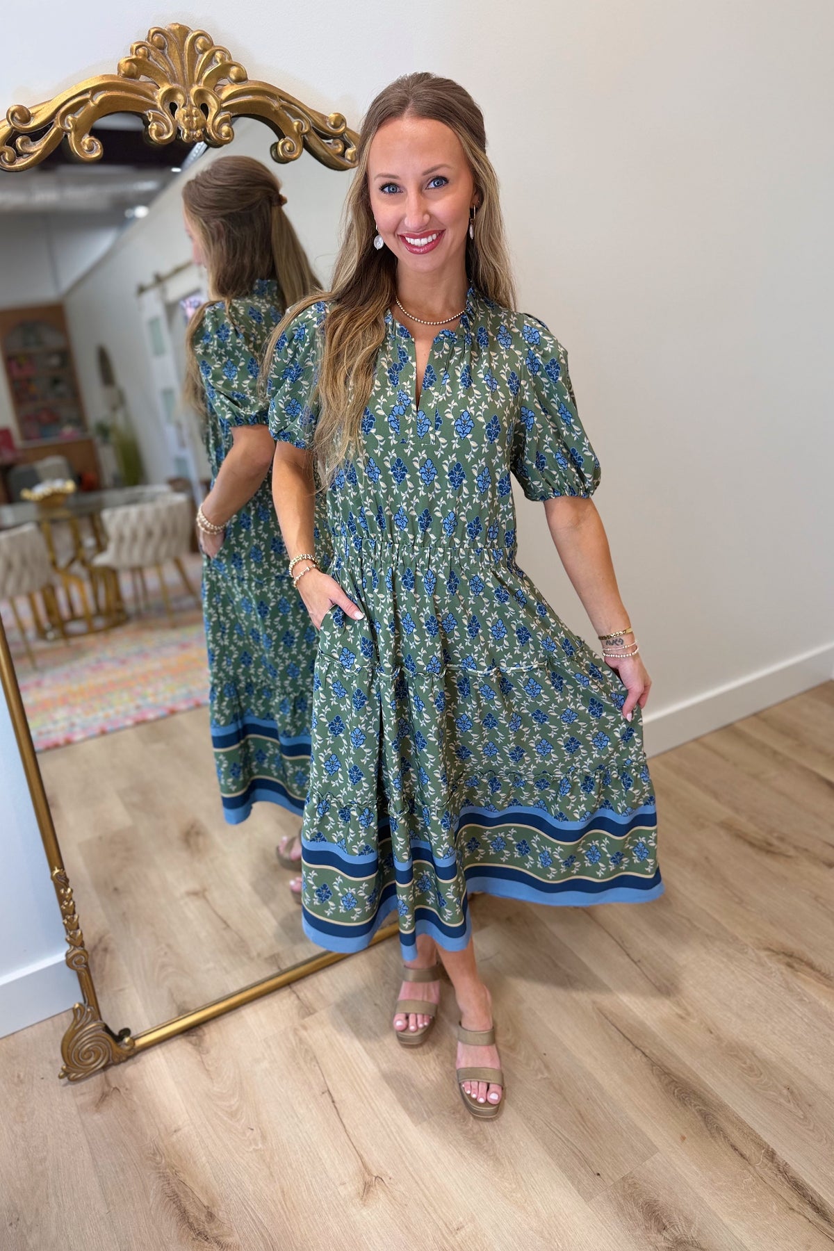 Mary Square Lainey Midi Dress Orchid Damask Olive