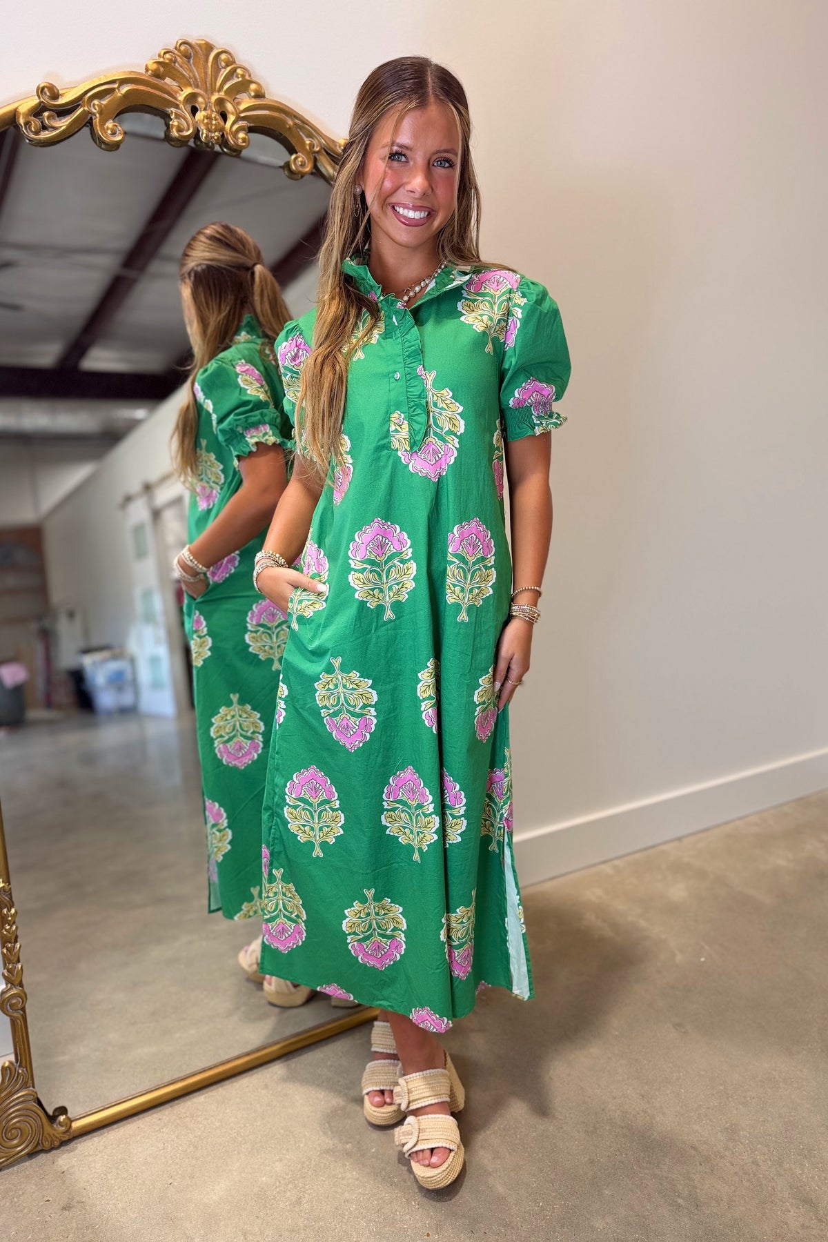 Green Gardens Puff Sleeve Midi Dress