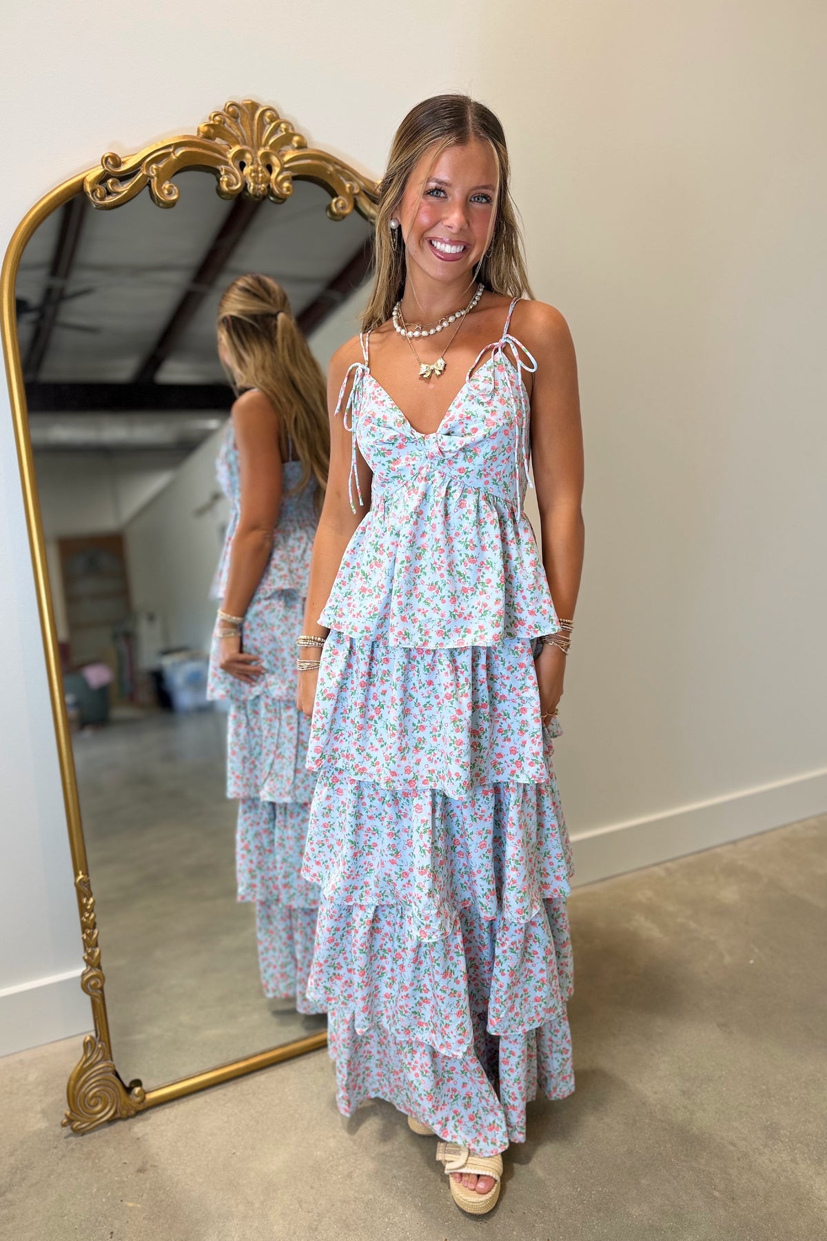 Morning Meadows Shoulder Tie Tiered Dress Blue