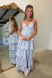 Morning Meadows Shoulder Tie Tiered Dress Blue