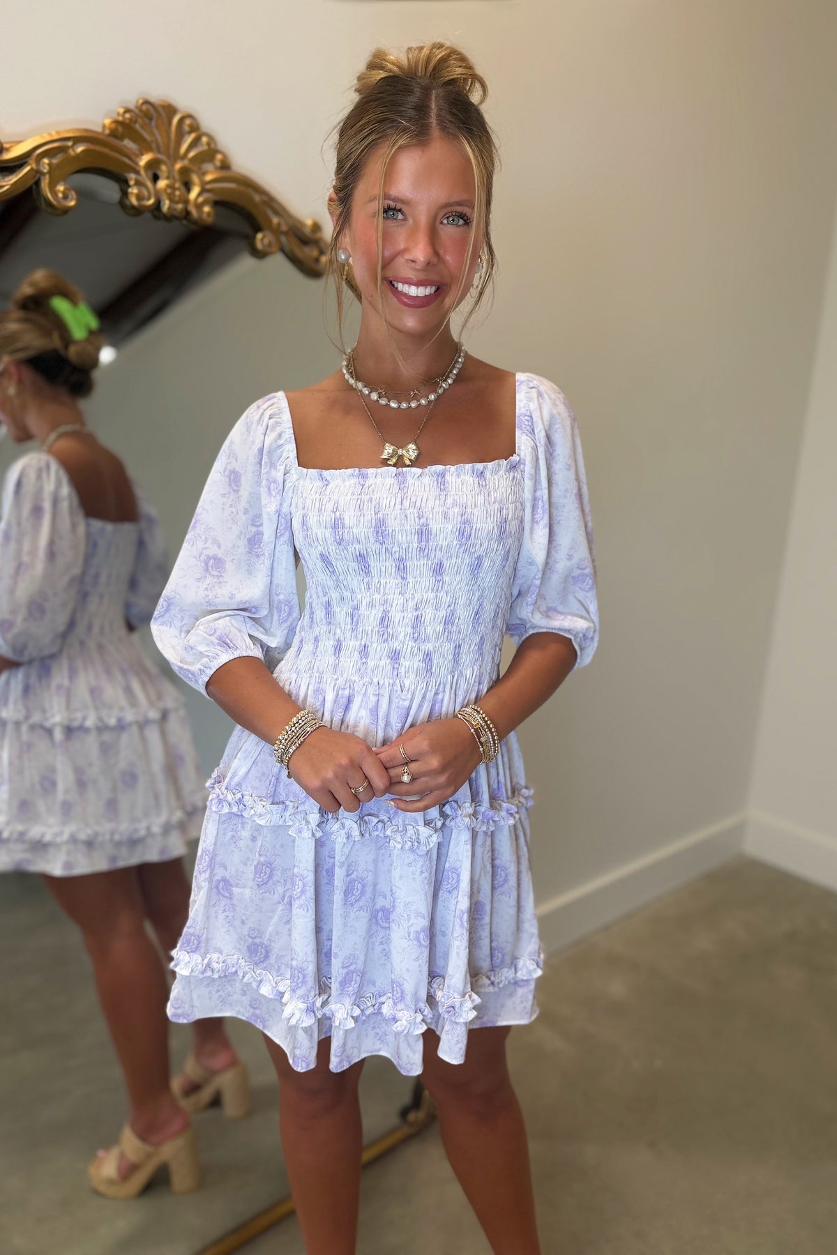 Trinity Smocked Bodice Floral Dress Lavender