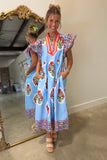 Floral Flame Midi Dress Blue