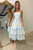 Blossom Tiered Midi Dress Blue