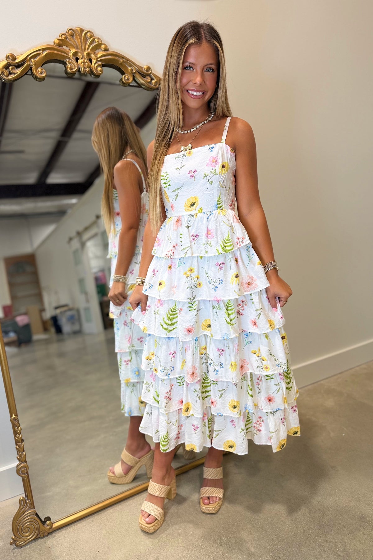 Floral Fever Tiered Midi Dress White