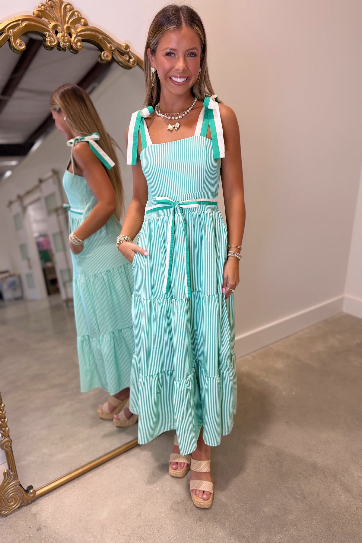 On the Green Striped Midi Dress