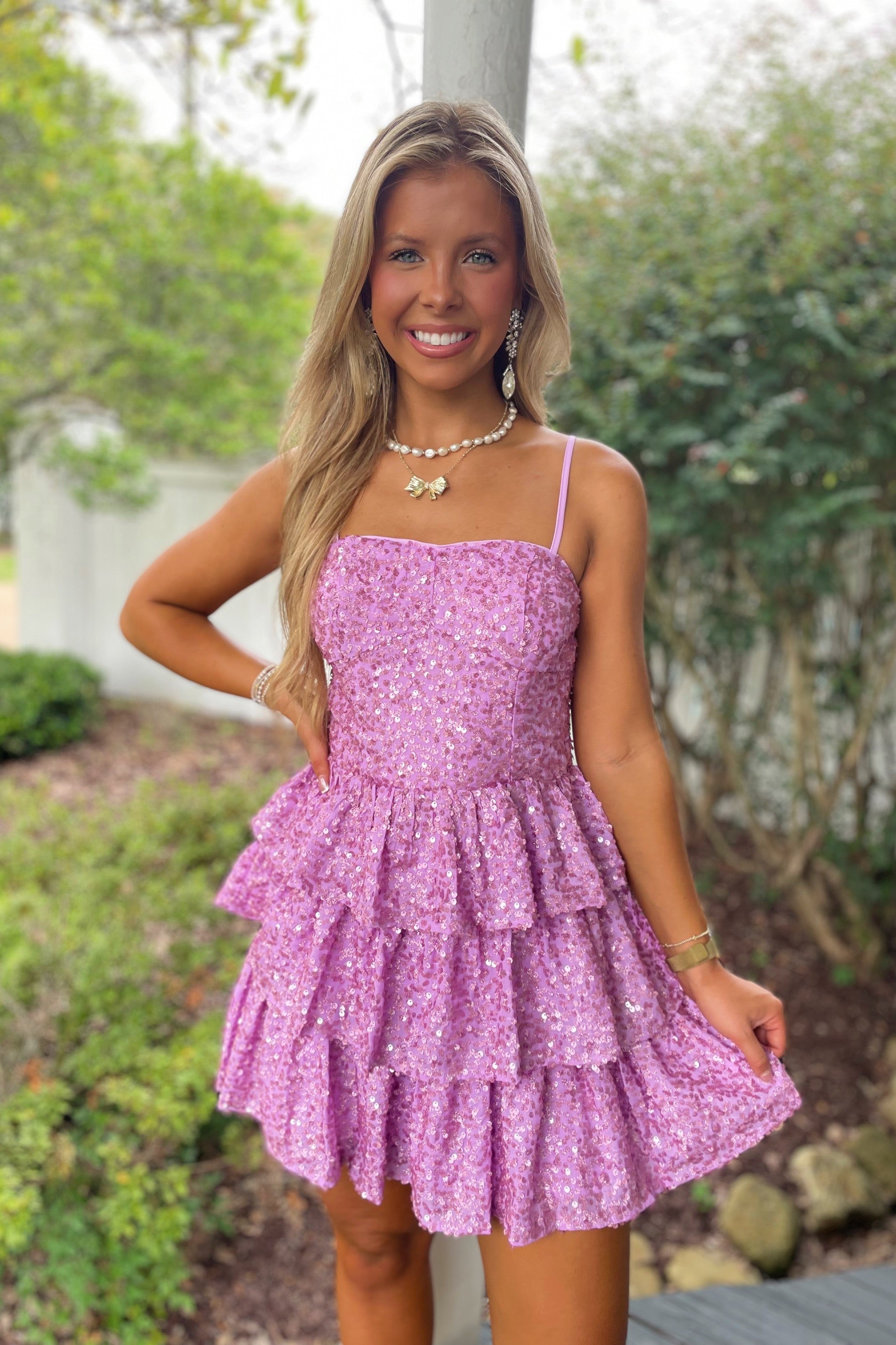 pink sequin homecoming dress Hot Sequins Bow Bust Long Sleeves Cut-Out Hot Pink / Custom Size Dazzling sequins La Femme 30934 - One