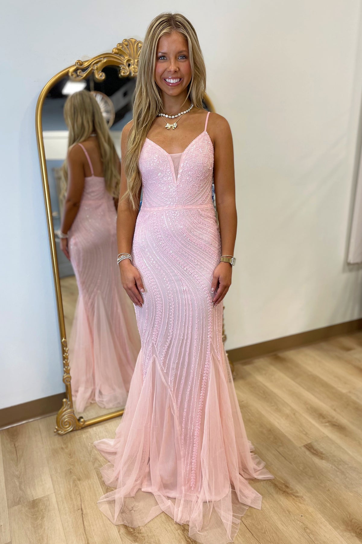 Aurora Glow Sequin Homecoming Gown Light Pink