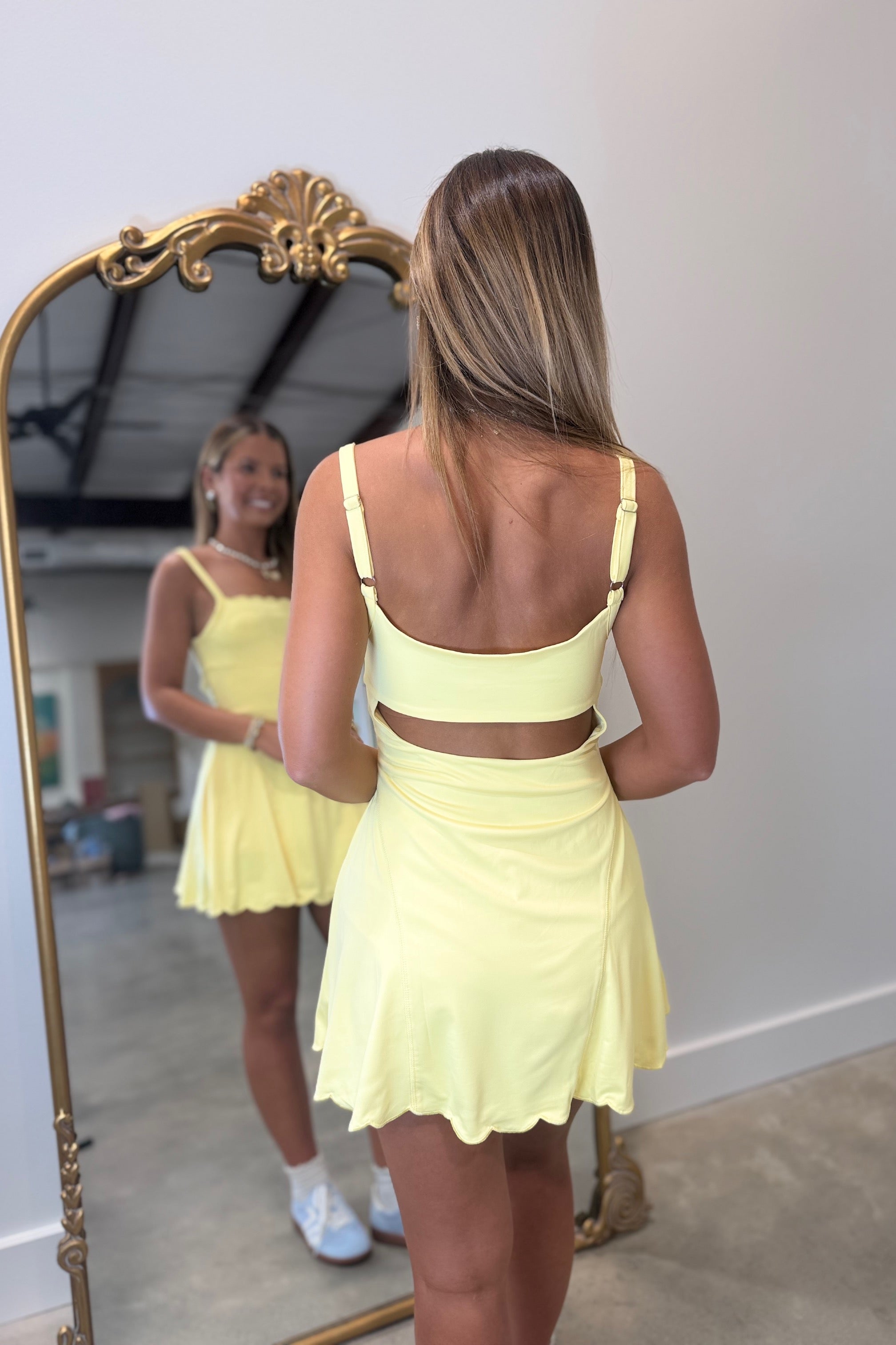 yellow athletic dress Game Set Scalloped Open Back Athletic Dress Yellow – Expectations Too