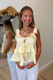 Ceci Tie Front Ruffle Trim Top Yellow