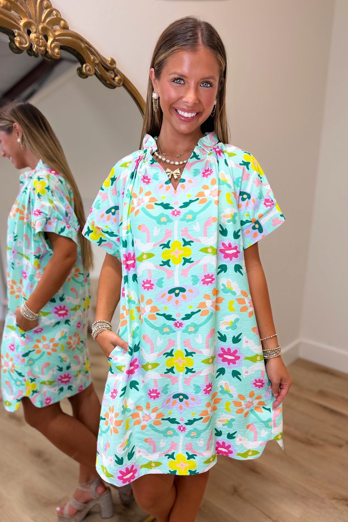 Umgee Abstract Floral Shift Dress Mint