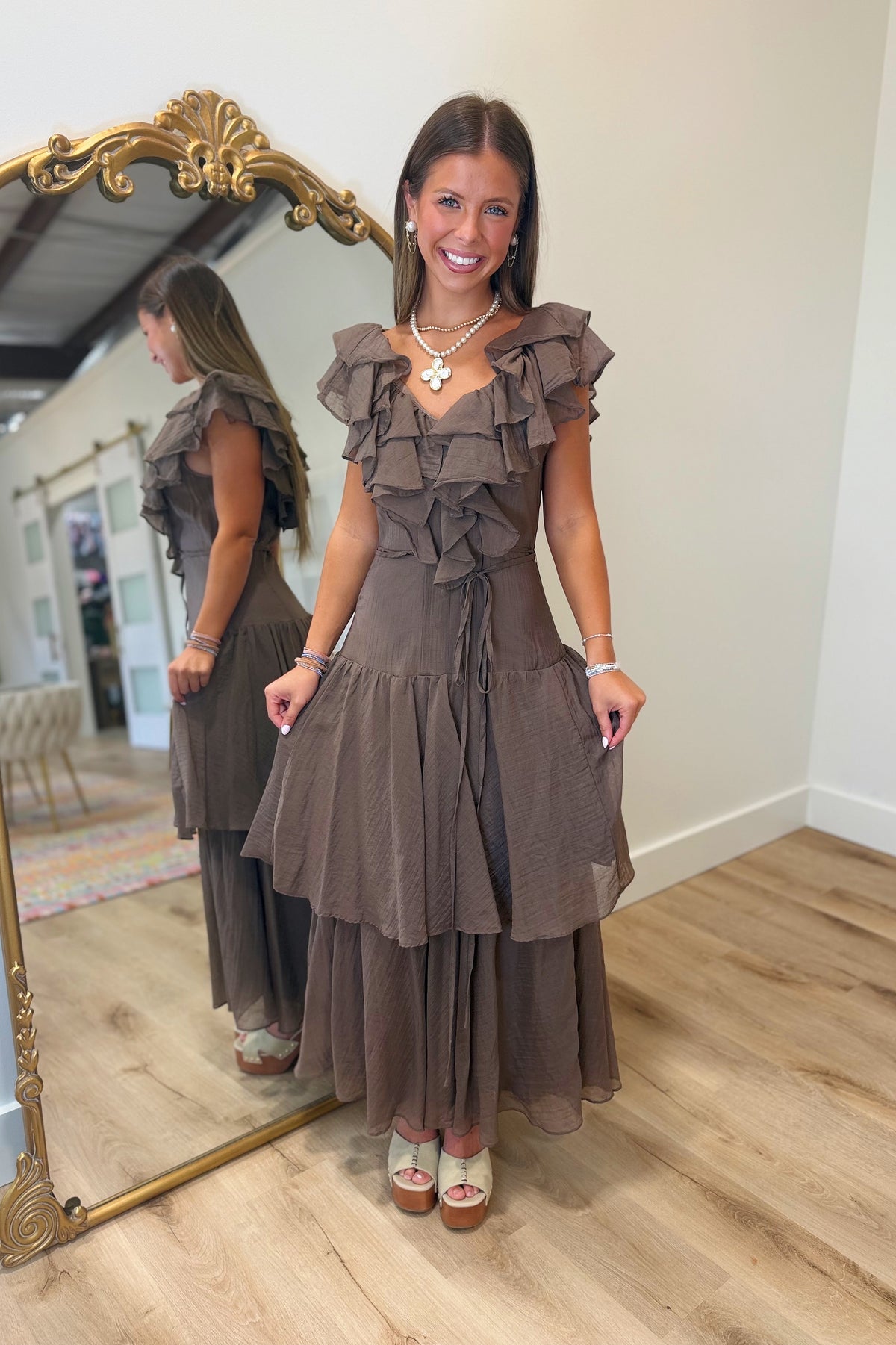 Cascading Ruffles Maxi Dress Brown
