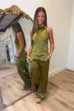 Brynn Satin Halter Set Olive