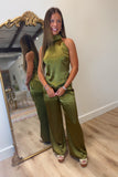 Brynn Satin Halter Set Olive