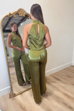 Brynn Satin Halter Set Olive