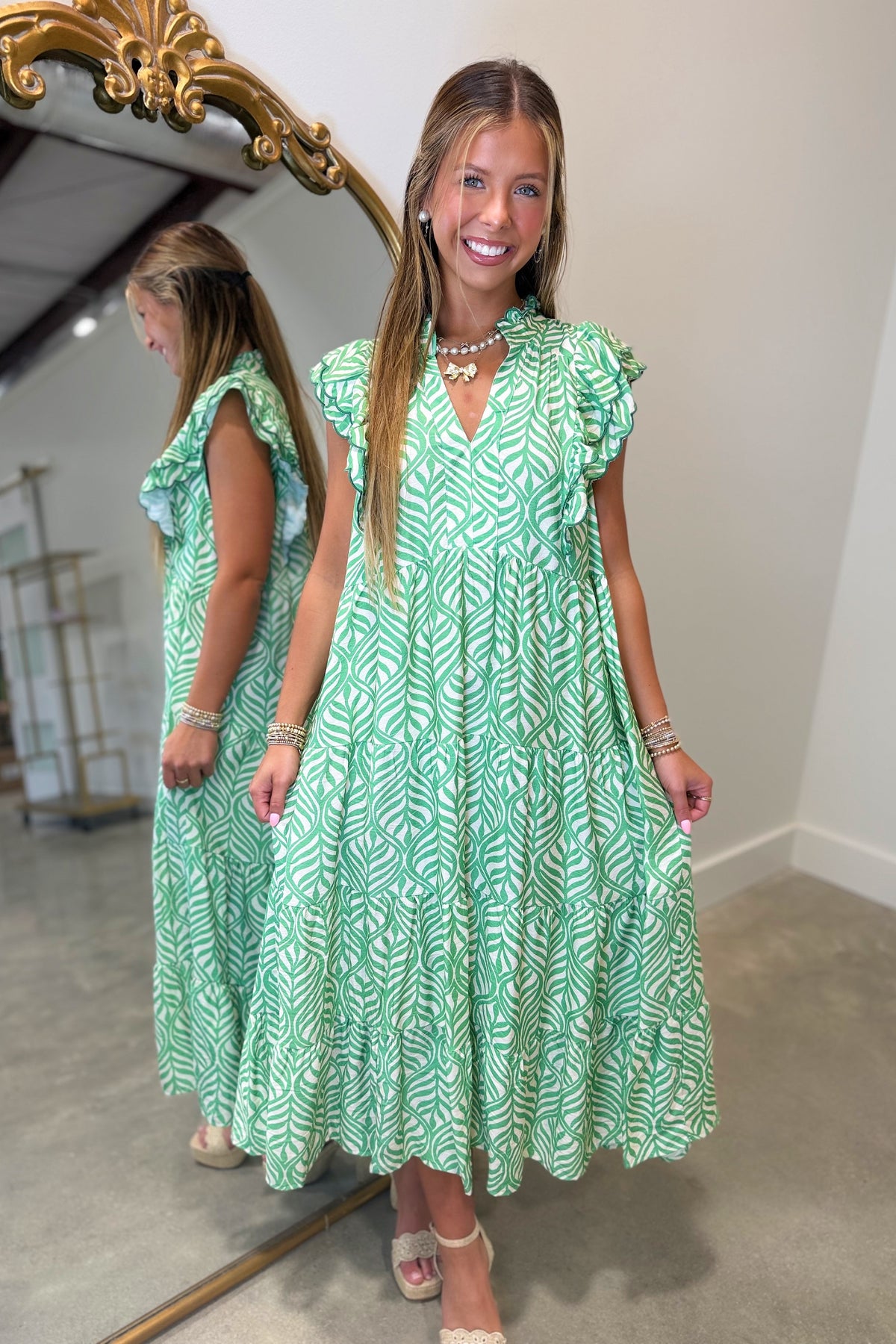 Umgee Green Swirls Scalloped Midi Dress