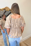 Romantic Lace Puff Sleeve Peplum Top Mocha