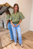 Embroidered Florals Smocked Top Olive