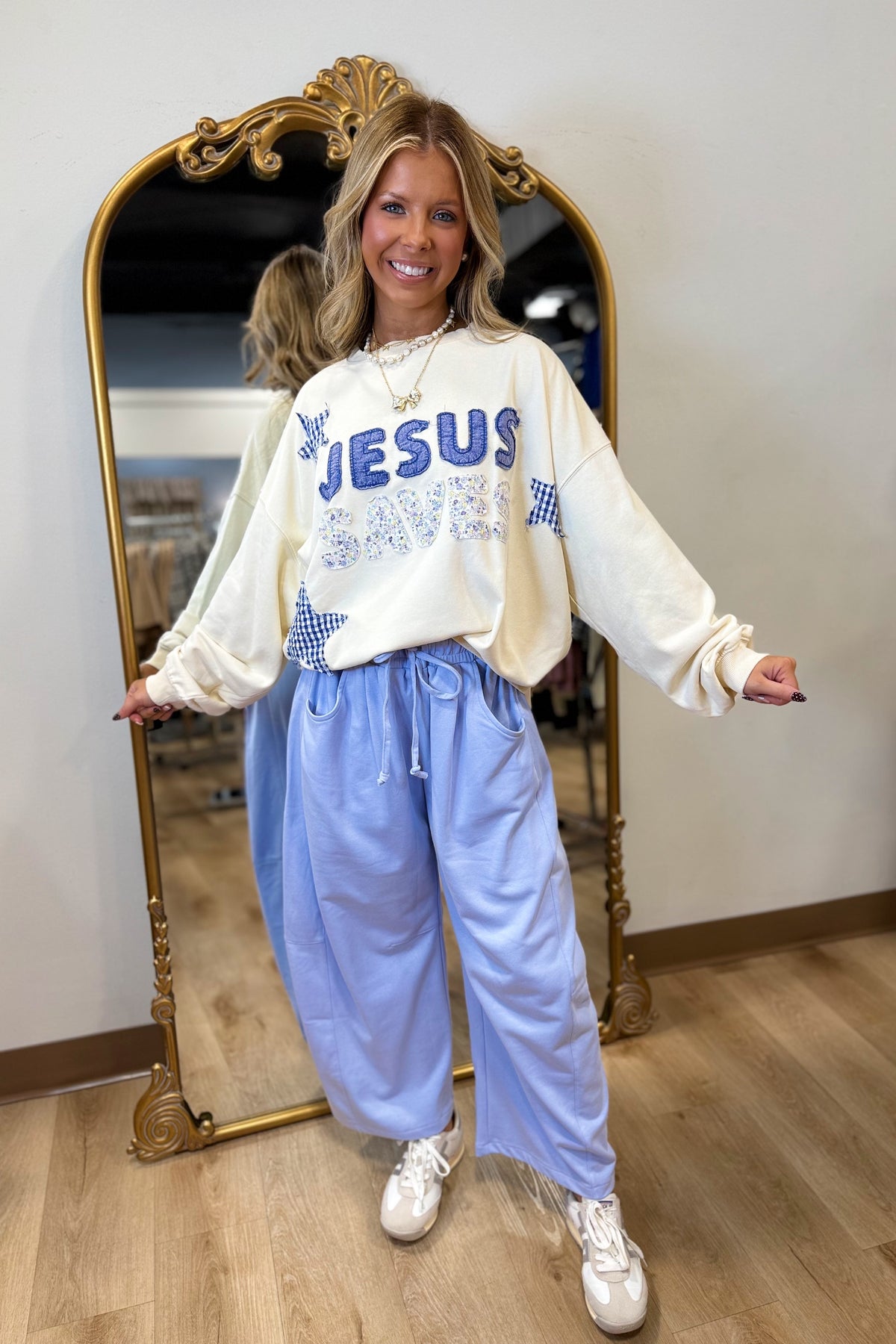 JESUS SAVES Patchwork Crewneck Sweatshirt Blue