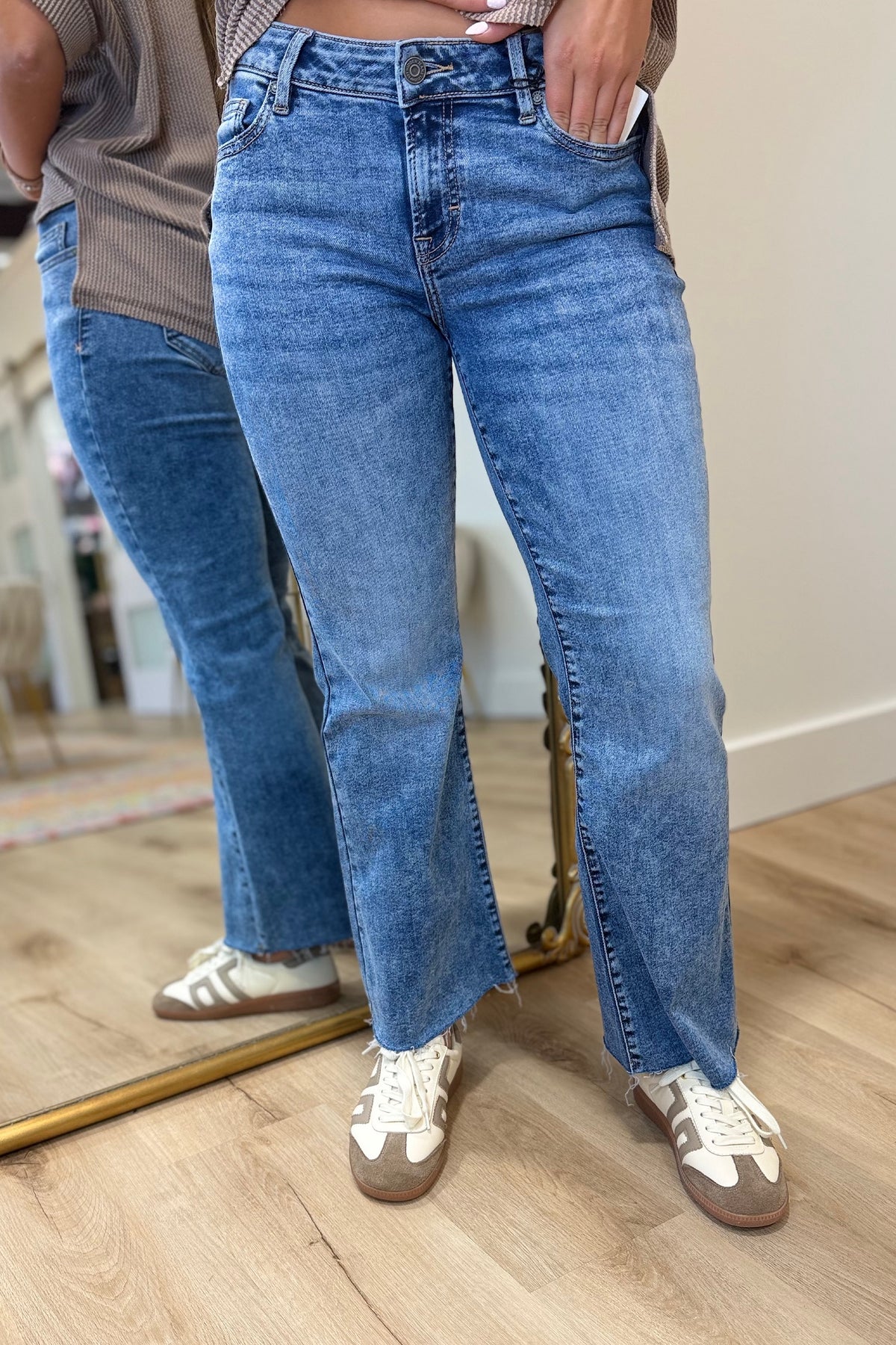 Hidden Happi Low Rise Flare Cut Hem Medium Dark