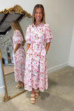 Flora Fable Puff Sleeve Midi Dress Pink