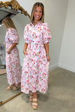 Flora Fable Puff Sleeve Midi Dress Pink