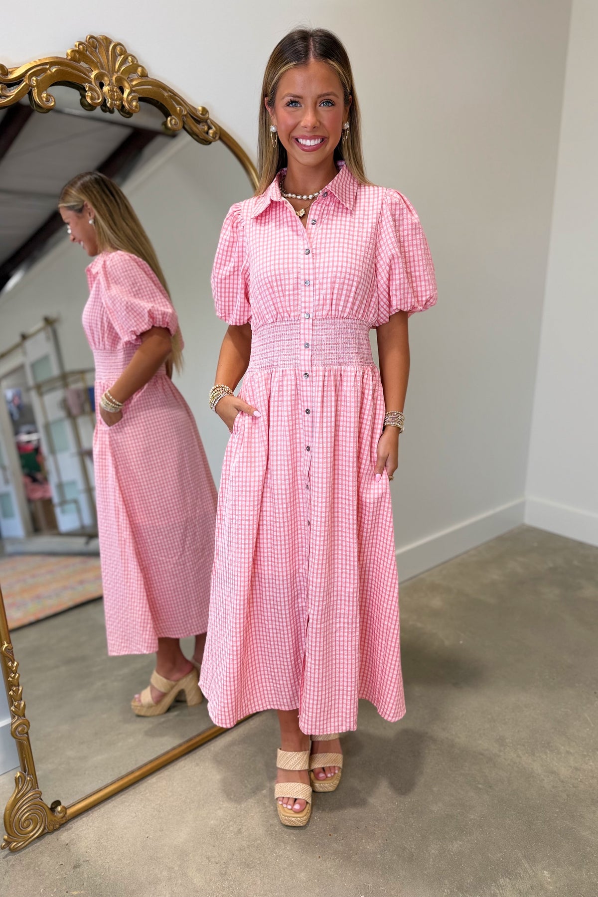 Cottage Charm Gingham Puff Sleeve Midi Dress Pink