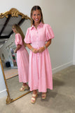 Cottage Charm Gingham Puff Sleeve Midi Dress Pink