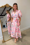 Botanic Stripes Floral Midi Dress Pink