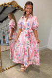 Botanic Stripes Floral Midi Dress Pink
