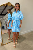 Kinley Tie Front Puff Sleeve Dress Blue Leopard