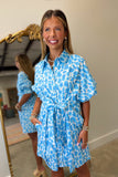 Kinley Tie Front Puff Sleeve Dress Blue Leopard