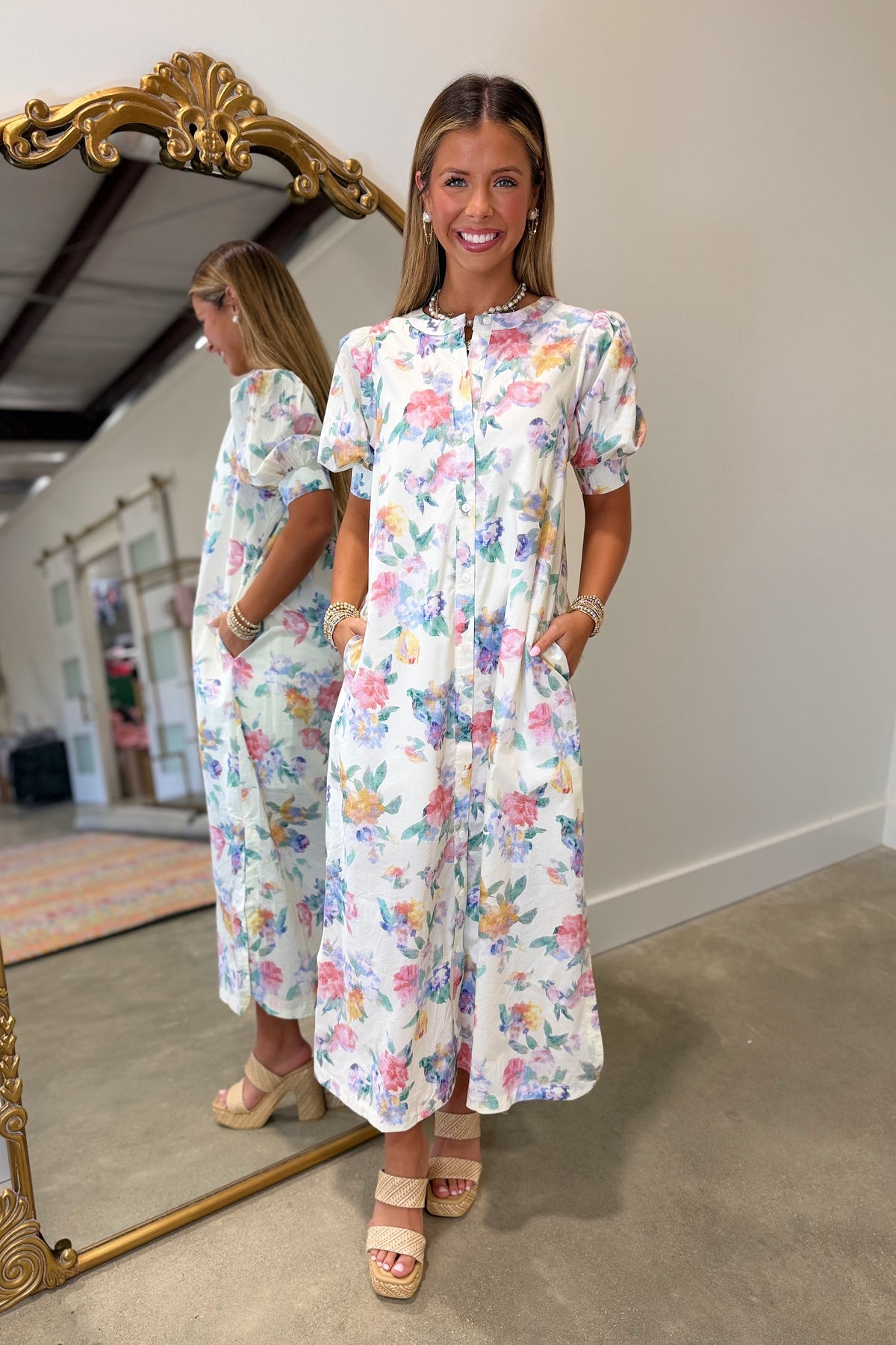 Petal Sonata Floral Midi Dress Cream