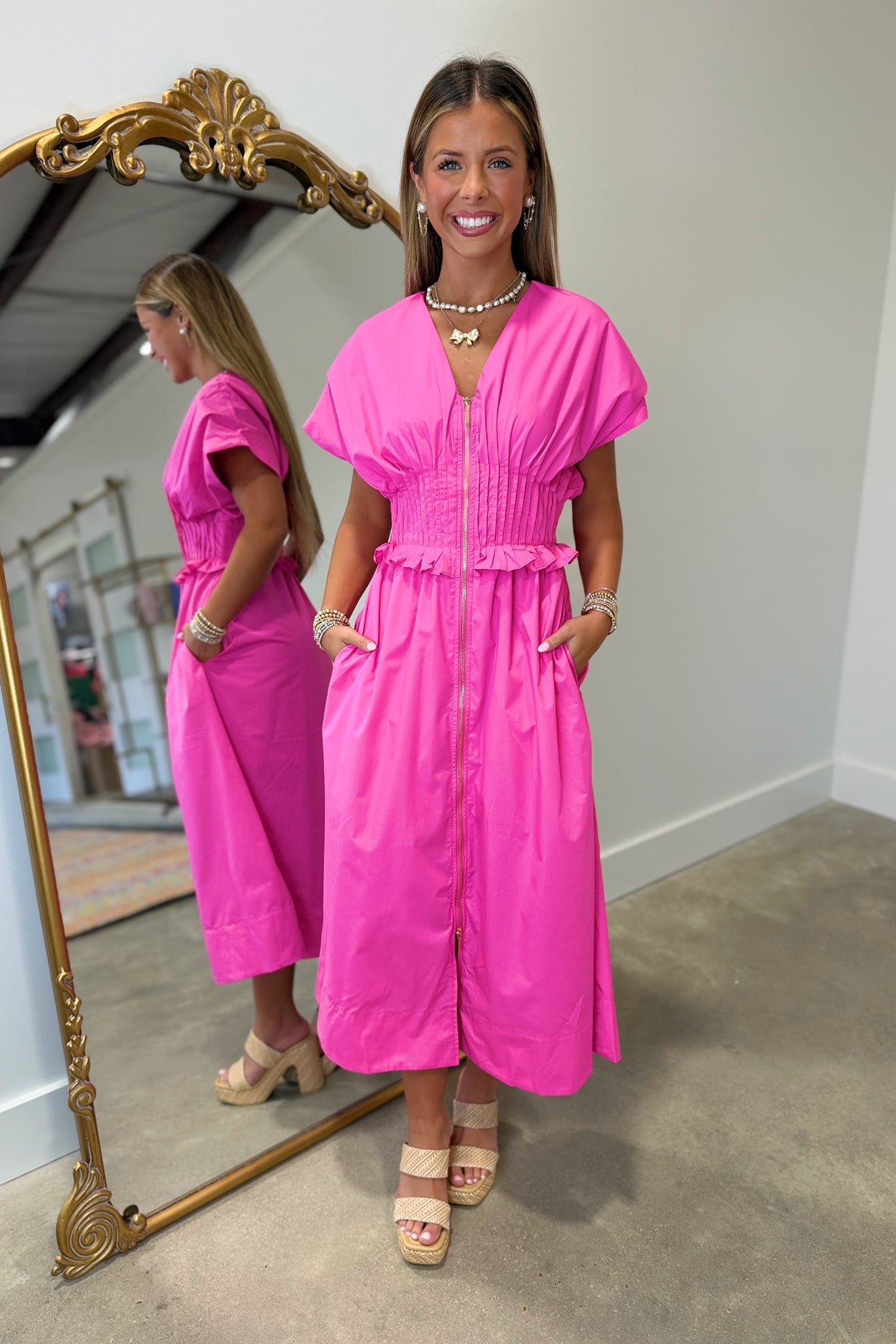 Stella Pleated Trim Midi Dress Hot Pink