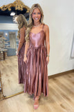 Bronzy Glow Accordion Pleat Midi Dress
