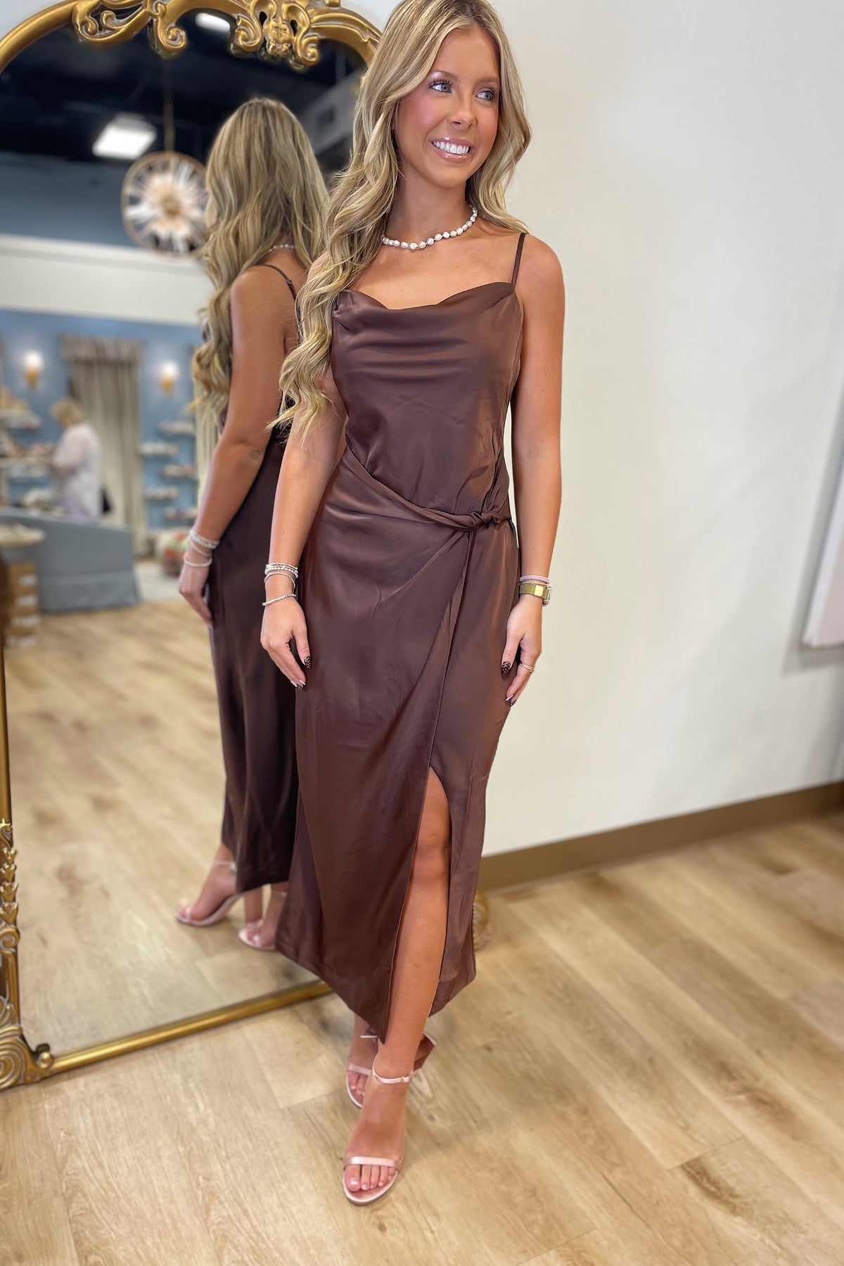 Satin Cowl Neck Draped Midi Dress Cocoa