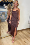 Satin Cowl Neck Draped Midi Dress Cocoa