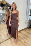 Satin Cowl Neck Draped Midi Dress Cocoa