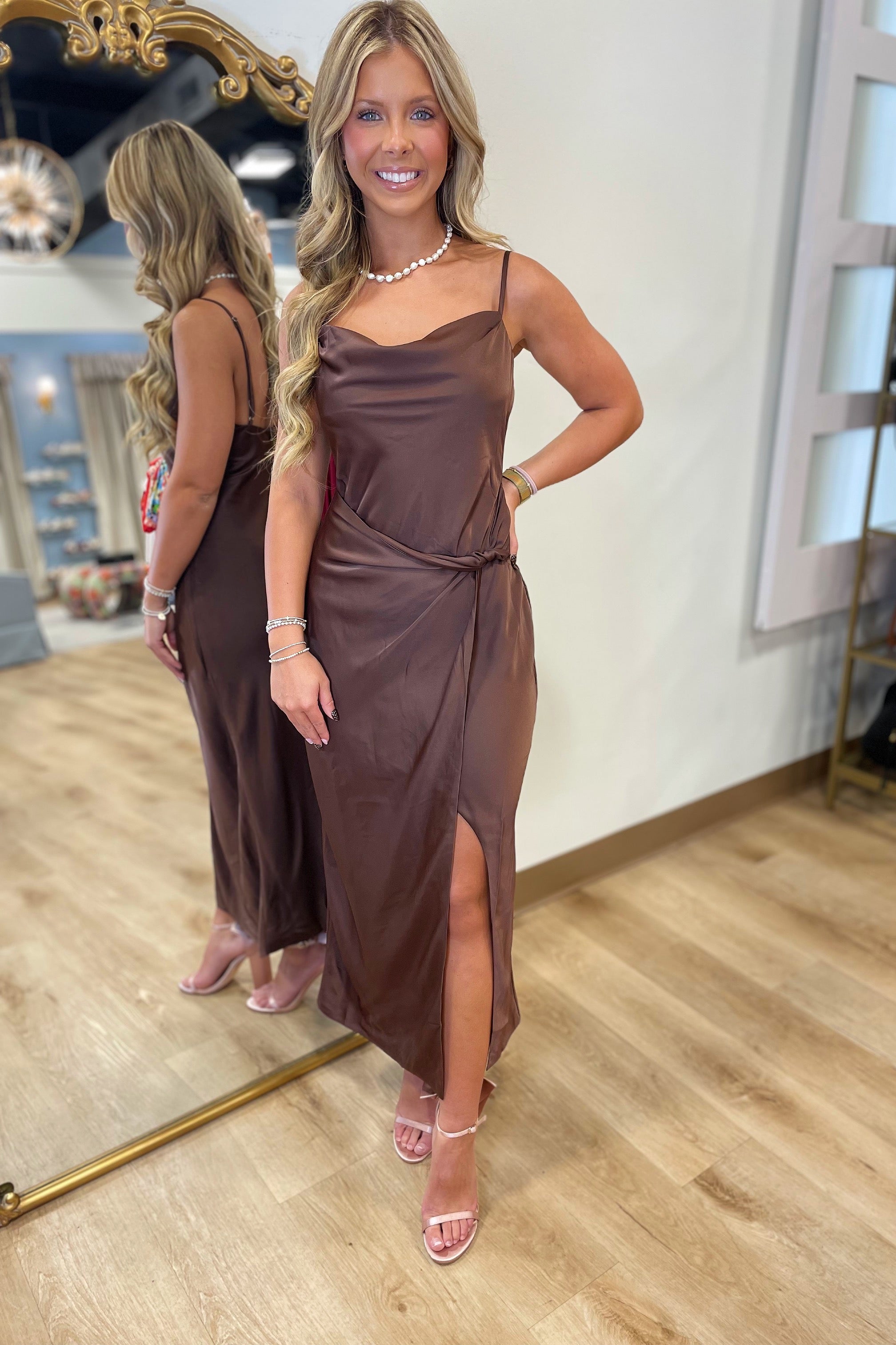 Satin Cowl Neck Draped Midi Dress Cocoa Satin Cowl Neck Draped Midi Dress Cocoa