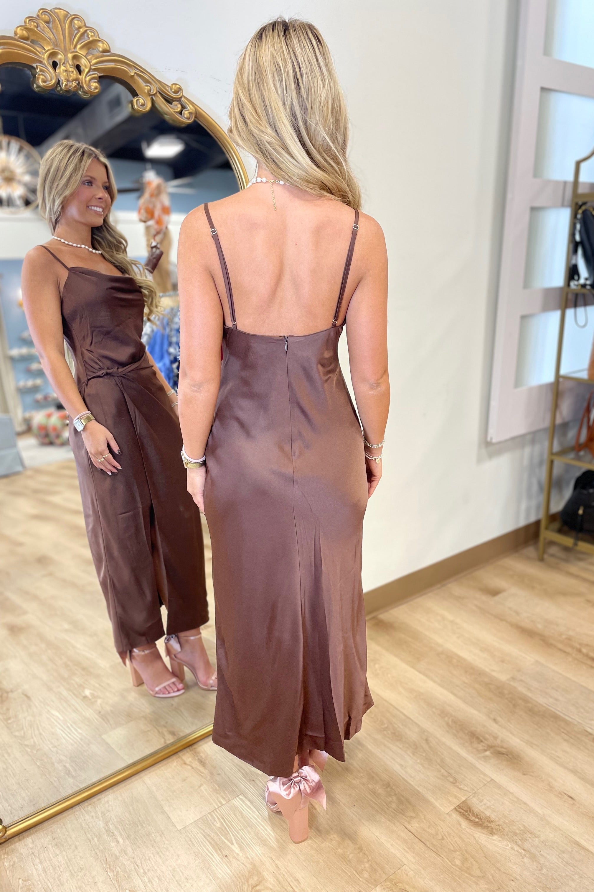 Satin Cowl Neck Draped Midi Dress Cocoa Expectations Too Satin Cowl Neck Draped Midi Dress Cocoa Expectations Too