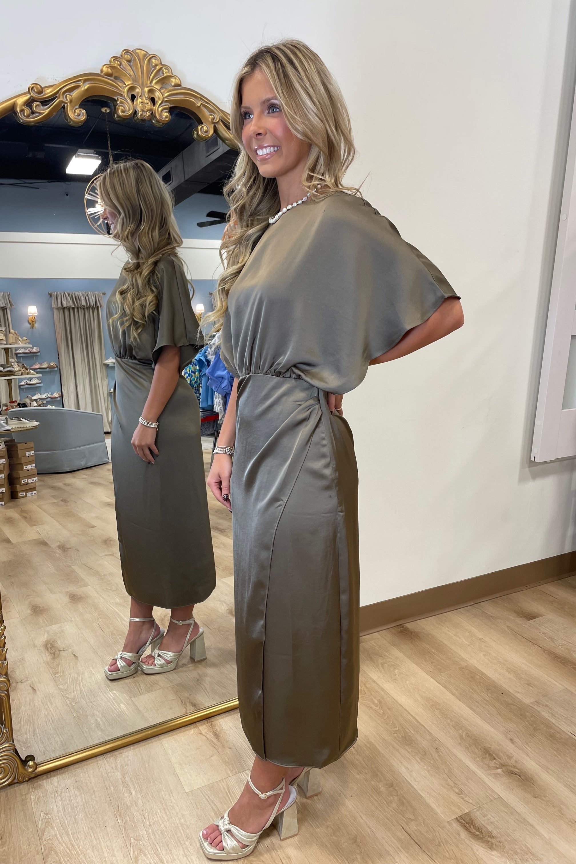 Satin Asymmetrical Midi Dress Mocha Satin Asymmetrical Midi Dress Mocha