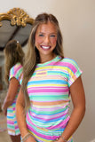 E Squared Striped Cap Sleeve Cinched Tee Confetti Cake