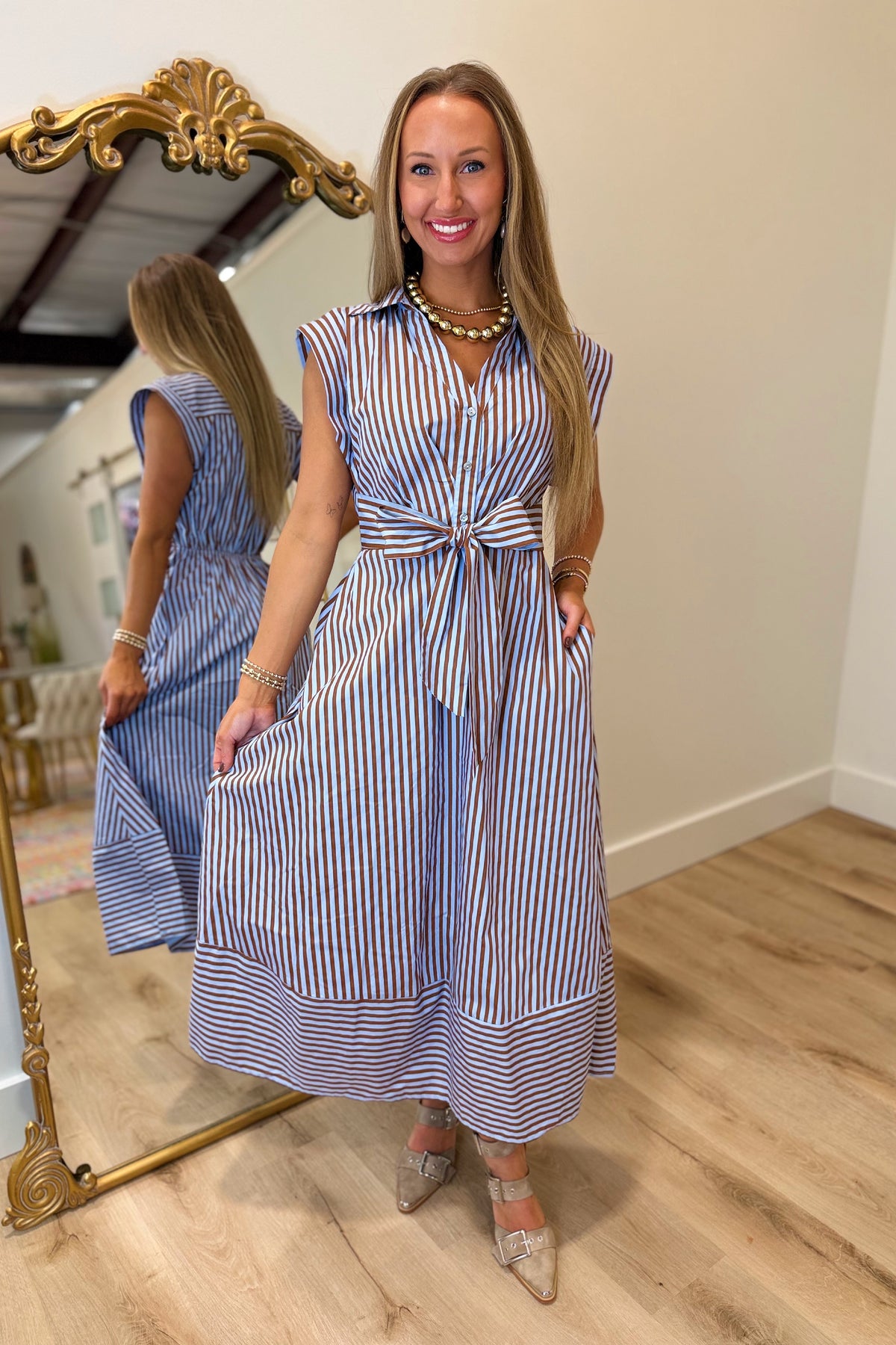 Southern Harvest Self Tie Dress Blue/Brown